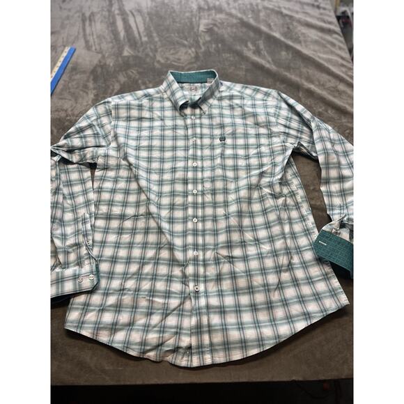 Cinch Shirt Mens Large Teal Green Plaid Flip Cuff Button Down Cowboy Rodeo - Picture 1 of 5